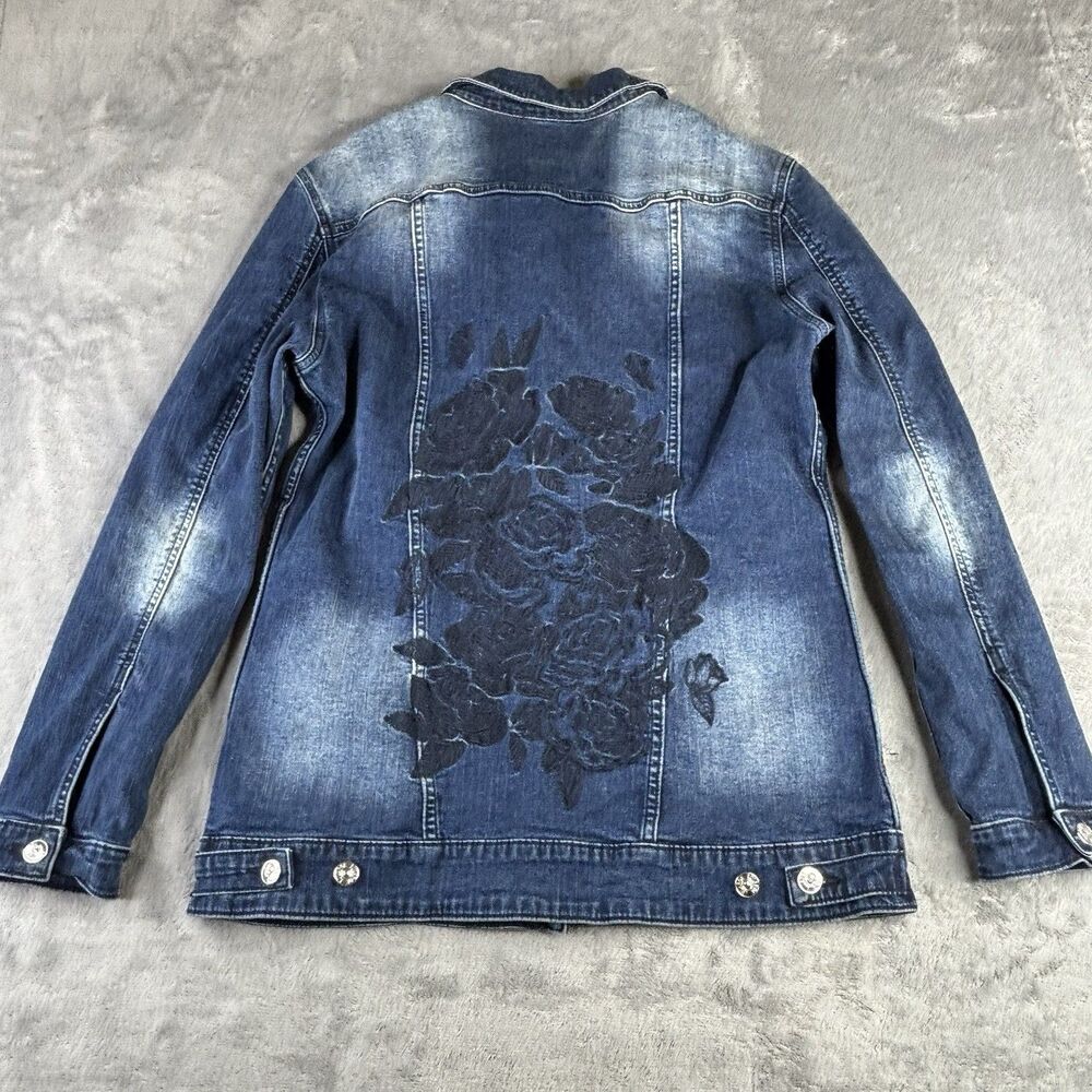 Lularoe Harvey Denim Jean Jacket Embroidered Floral Dark Wash Women Large Button